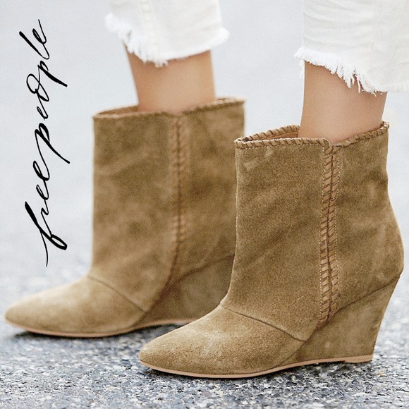 Shoes - Tan Whipstitched Suede Wedged Ankle Boot NIB